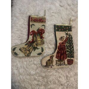 Pair of Vintage Tapestry Style Christmas Stockings Bells Girl Dog